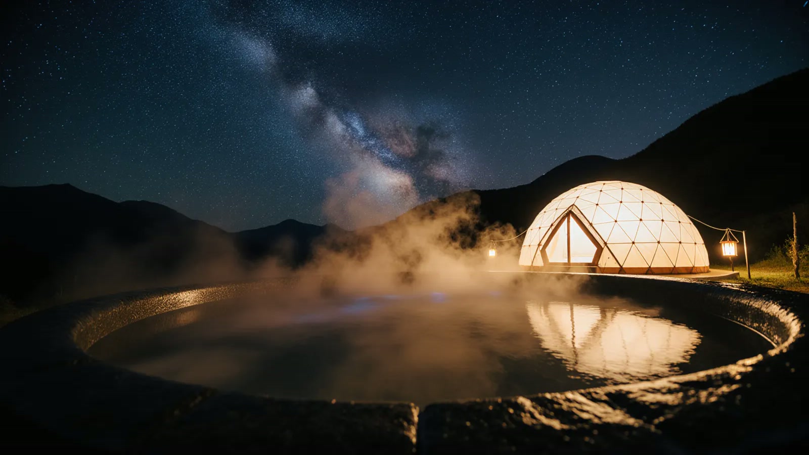 星空の下で暖かく灯るドームテントと、そばの露天風呂から立ちのぼる湯気