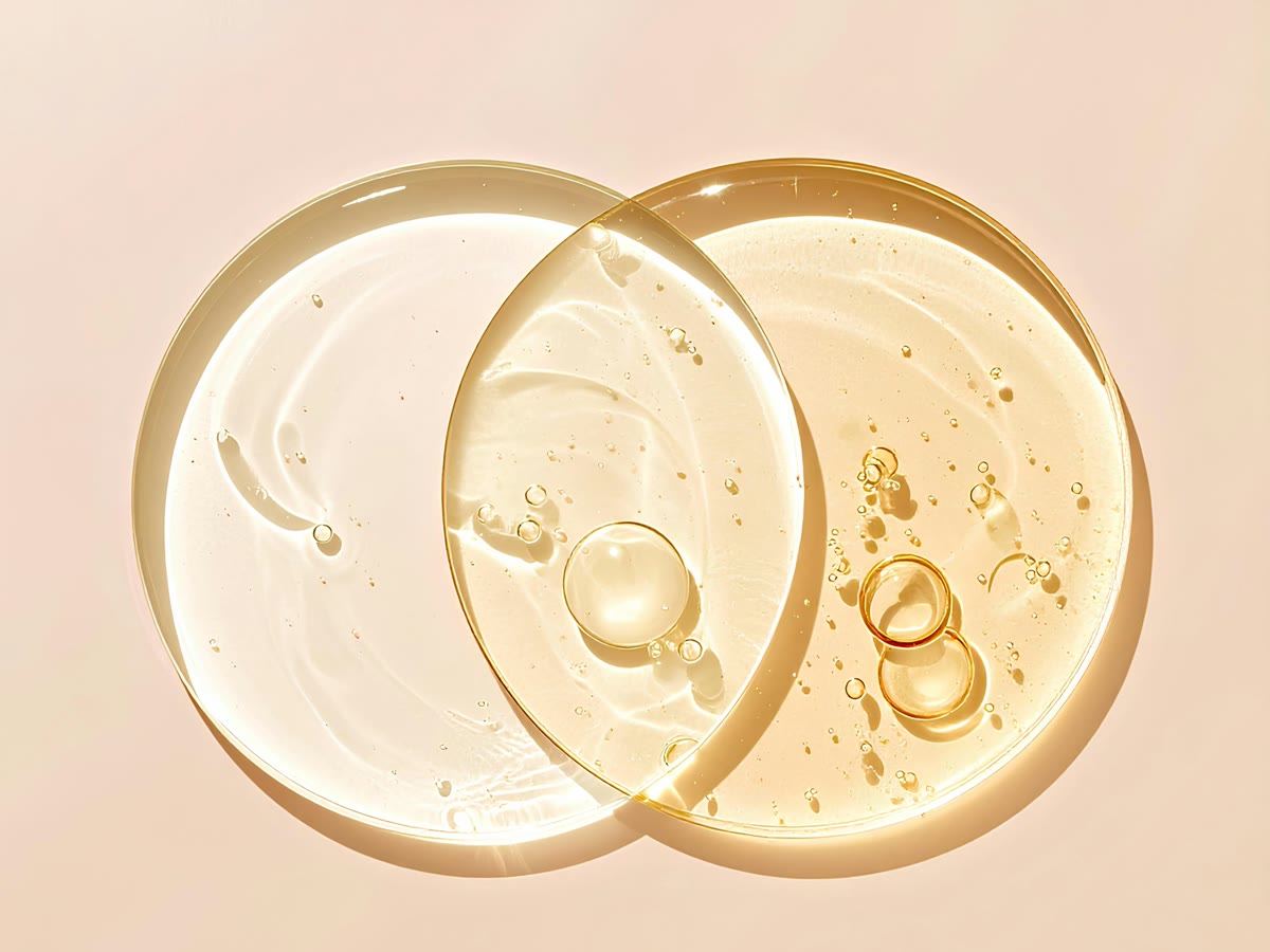 美容液のテクスチャー。とろみのある透明な液が、淡い桃色の面の上で二つの円に広がっている