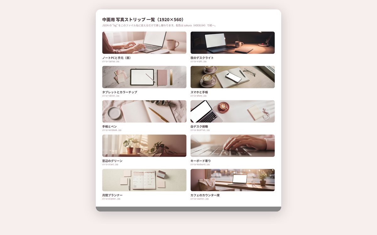 中面用の写真ストリップ10種の一覧。ノートPCと手元、夜のデスクライト、タブレット、手帳、観葉植物などが同じトーンで並ぶ